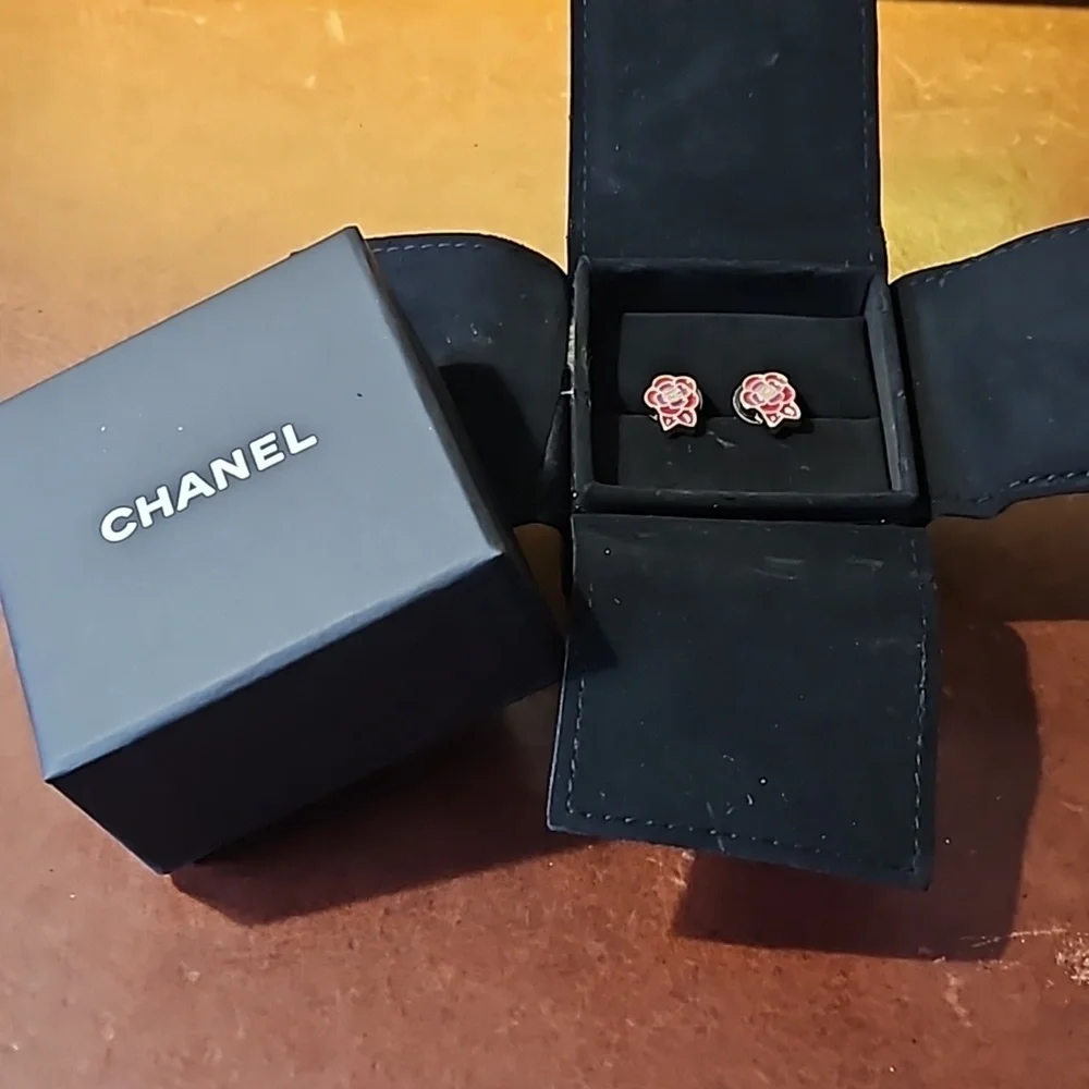 Chanel Camellia Pierced Earrings Gold Red Pink 05P - Picture 2 of 4